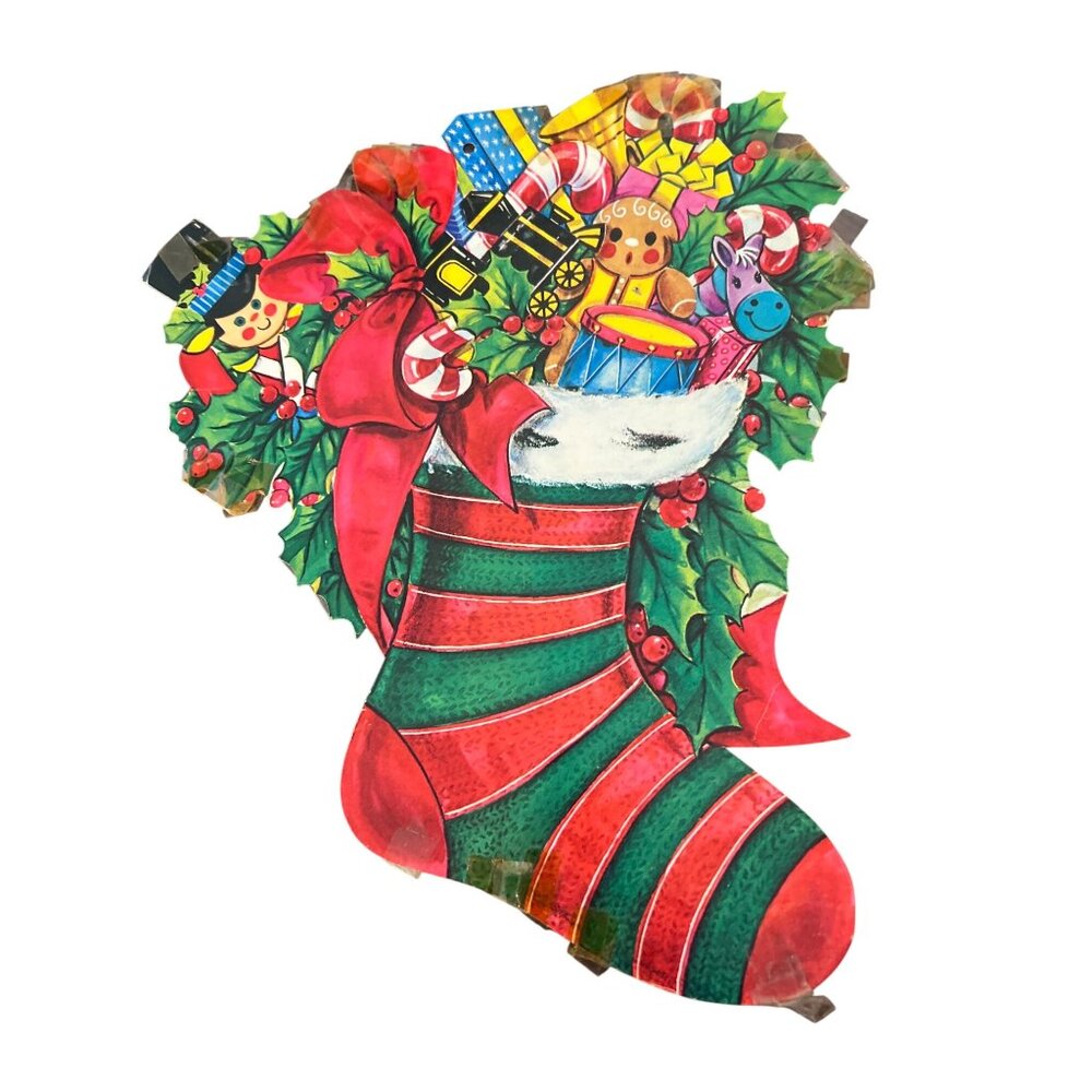 Vintage Christmas Stocking Cardboard Die Cut Toys Soldier Boy Candy Cane 14.25"